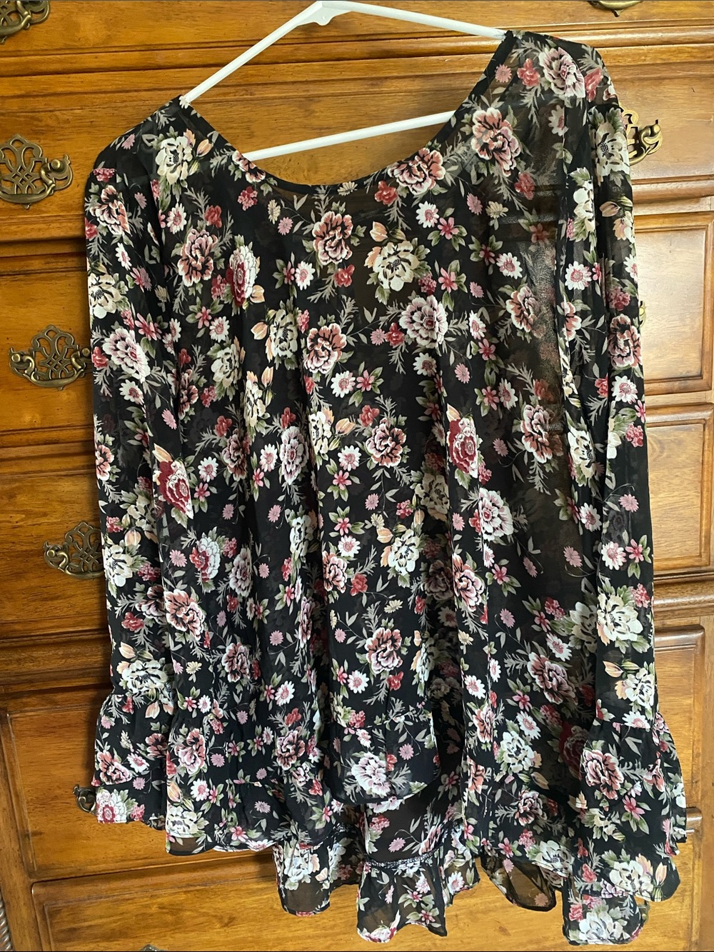 Umgee Black Floral Sheer Blouse with Pink and Cream Flowers